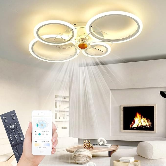 Ceiling Light with Fan, Silent White Ceiling Fan with Lighting, App and Remote Control, 60W 6000LM Dimmable LED